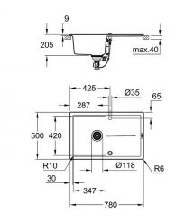Grohe Мойка кухонная K400, гранит, прямоуг., с крылом, 780x500x205мм, чаша - 1, врезная, серый гранит