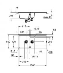 Grohe Мойка кухонная K400, гранит, прямоуг., с крылом, 1000x500x205мм, чаша - 2, врезная, черный гранит
