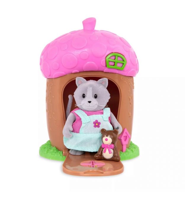 Li`l Woodzeez Игровой набор - Домик c сюрпризом (розовая крыша, 1 фигурка котика, 1 аксессуар)
