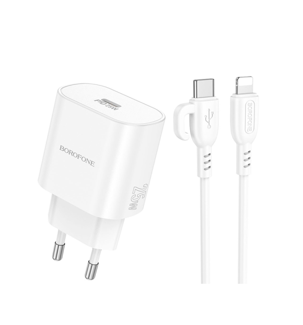 Набір СЗУ BOROFONE BA82A + Lighting кабель, 110-240V, PD25W, USB-C, кабель 1м, White, Box