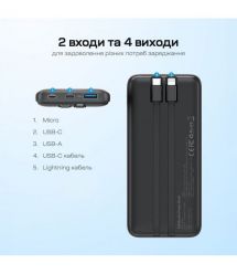 Повербанк 10000mAh Choetech B654 Black 22.5W QC3.0 PD3.0 вбудовані кабелі Type-C та Lightning