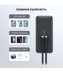 Повербанк 10000mAh Choetech B654 Black 22.5W QC3.0 PD3.0 вбудовані кабелі Type-C та Lightning