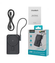 Повербанк 10000mAh Choetech B735 Black QC3.0 PD3.0 бездротова магнітна зарядка, вбудований кабель, підставка