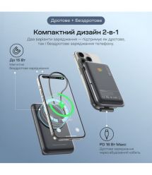 Повербанк 10000mAh Choetech B735 Black QC3.0 PD3.0 бездротова магнітна зарядка, вбудований кабель, підставка