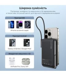 Повербанк 10000mAh Choetech B735 Black QC3.0 PD3.0 бездротова магнітна зарядка, вбудований кабель, підставка