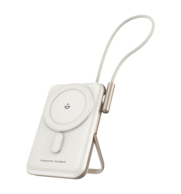 Повербанк 10000mAh Choetech B735 White QC3.0 PD3.0 бездротова магнітна зарядка, вбудований кабель, підставка