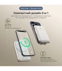 Повербанк 10000mAh Choetech B735 White QC3.0 PD3.0 бездротова магнітна зарядка, вбудований кабель, підставка