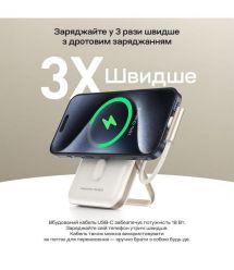 Повербанк 10000mAh Choetech B735 White QC3.0 PD3.0 бездротова магнітна зарядка, вбудований кабель, підставка