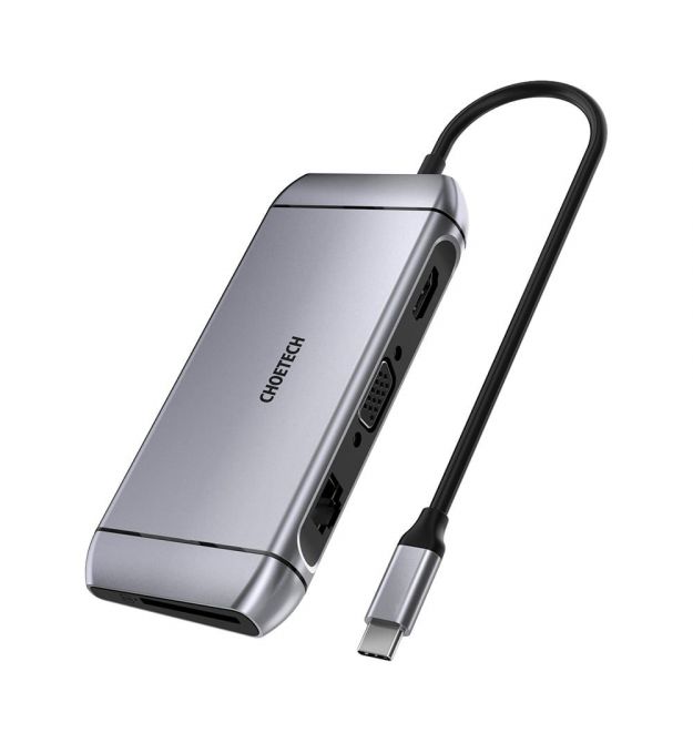 USB-C хаб 9-в-1 Choetech M15 HDMI 4K@30Hz, VGA, 3 USB3.0, RJ45, USB-C PD, SD-card, TF-card