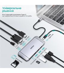 USB-C хаб 9-в-1 Choetech M15 HDMI 4K@30Hz, VGA, 3 USB3.0, RJ45, USB-C PD, SD-card, TF-card