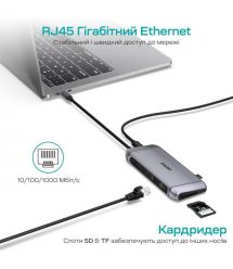 USB-C хаб 9-в-1 Choetech M15 HDMI 4K@30Hz, VGA, 3 USB3.0, RJ45, USB-C PD, SD-card, TF-card