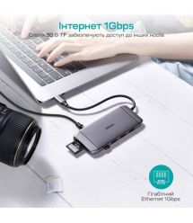 USB-C хаб 9-в-1 Choetech M15 HDMI 4K@30Hz, VGA, 3 USB3.0, RJ45, USB-C PD, SD-card, TF-card