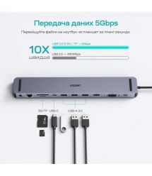 USB-C хаб 11-в-1 Choetech M20 HDMI 4K@30Hz, VGA, 3 USB-A 3.0, USB-C 3.0, RJ45, USB-C PD, SD-card, TF-card, 3.5mm audio