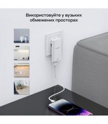 Мережевий зарядний пристрій Choetech PD6011 Ultra thin PD67W GAN A+C White