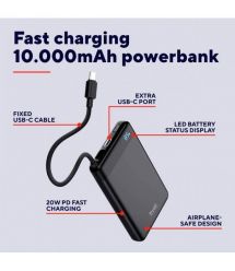 Trust Акумулятор портативний літій-іонний power bank Trust Fiera, 10000мА·год, 2хUSB-C, 20W, PD/QC 3.0, чорний
