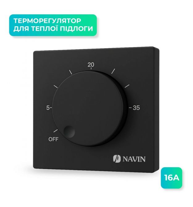 Navin Терморегулятор EH84BM-16A 5...35 °C для теплого пола механический накладной проводной датчик 16A 230В черный