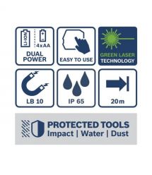 Bosch Нівелір лазерний Bosch Professional GLL 20-22 G 3.7В/4АА до 20м ±0.3мм/м зелений промінь чохол штатив IP 65 0.59кг