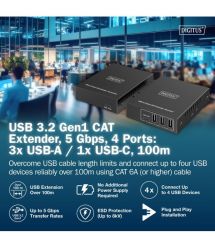 Digitus Удлинитель USB 3.2 Gen1, для использования с кабелем Cat6A, до 100 м, 3 х USB-A, 1 x USB-C, черный