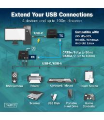 Digitus Удлинитель USB 3.2 Gen1, для использования с кабелем Cat6A, до 100 м, 3 х USB-A, 1 x USB-C, черный