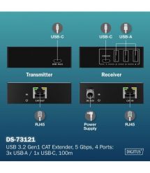 Digitus Удлинитель USB 3.2 Gen1, для использования с кабелем Cat6A, до 100 м, 3 х USB-A, 1 x USB-C, черный