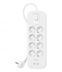 Belkin Подовжувач мережевий Belkin 2м, 8хТип, 16А, USB-С/USB-C 30Вт, фільтр, білий
