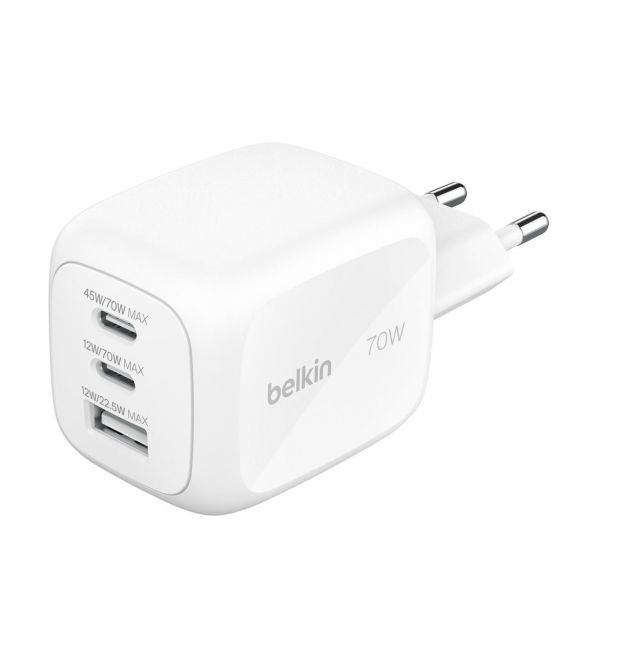 Belkin Зарядний пристрій мережевий Belkin 70Вт 2хUSB-С/USB-A GAN PD PPS, білий