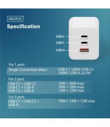 Digitus Зарядное устройство GaN 2хUSB-C, 1хUSB-A, 100W