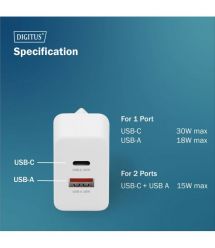 Digitus Зарядное устройство GaN 1хUSB-C, 1хUSB-A, 30W
