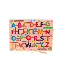 Игрушка-лабиринт Буквы на деревянной доске с магнитными шариками и магнитными палочками, 40х30х1,5cm